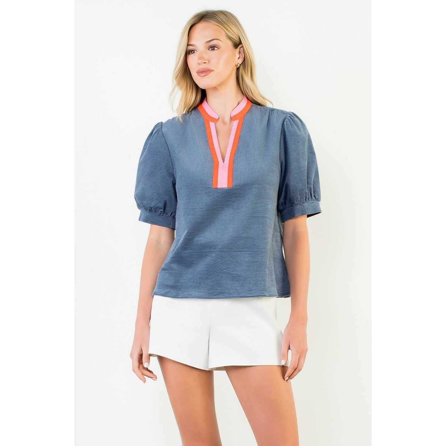 Breckan Puff Sleeve Textured V-Neck Top