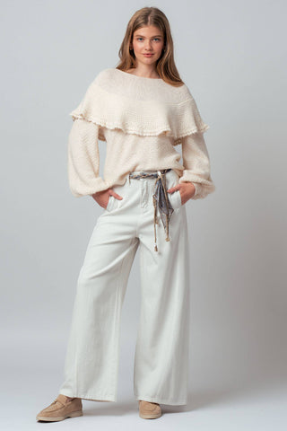 Ruffle Yoke Blouson Sleeve Knit Sweater: NATURAL / S-M-L:2-2-2