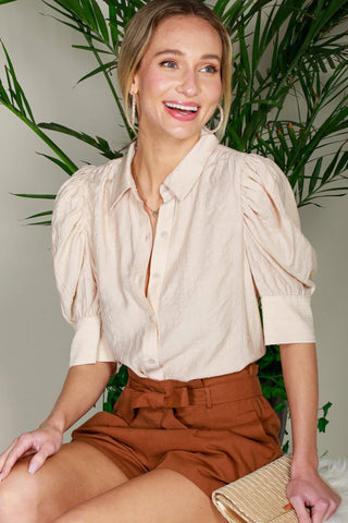 Collared Neckline Puff Short-Sleeve Blouse Top VT81707C: Taupe / M
