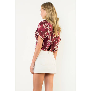 Short Sleeve Print Tie Tassel Top: PURPLE / XS-S-M-L(1-2-2-1)