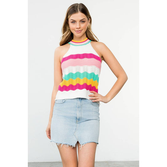 Cream Sleeveless Halter Knit Top with Color Stripe Detail: CREAM