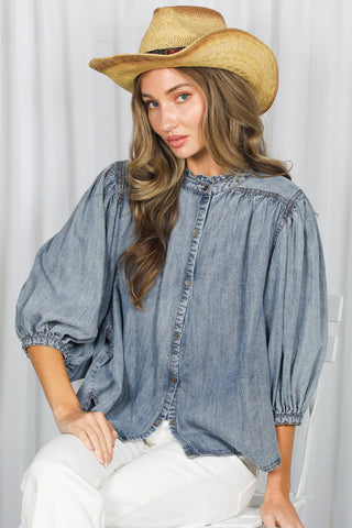 Ruffle Neck 100% Tencel Chambray Washed Denim Shirt VT83327: Washed Denim / S
