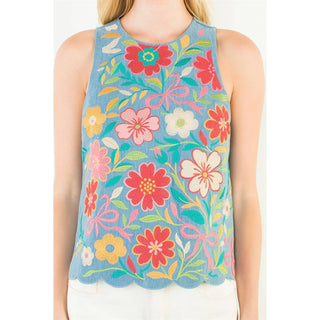 Sleeveless Denim Emb Top: LIGHT BLUE / XS-S-M-L(1-2-2-1)