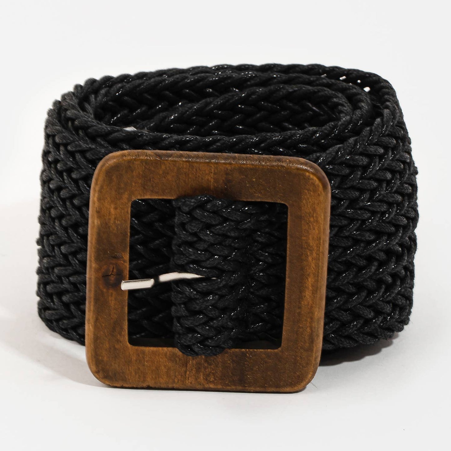 Wooden Square Buckle Braided Belt: Brown