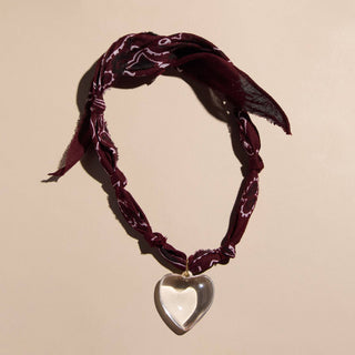 Burgundy Bandana Necklace: Silver Oversized Heart Charm / Burgundy