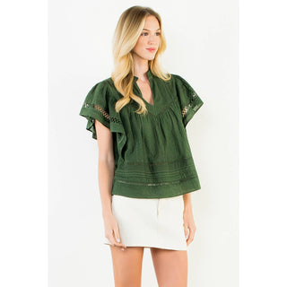 V Neck Fluttered Cut Out Top: OLIVE / XS-S-M-L(1-2-2-1)