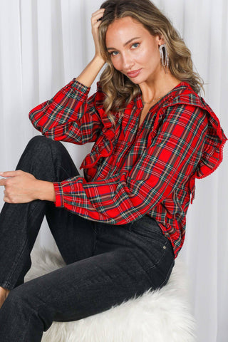 Madison Lace Trim Ruffle Accent Plaid Blouse
