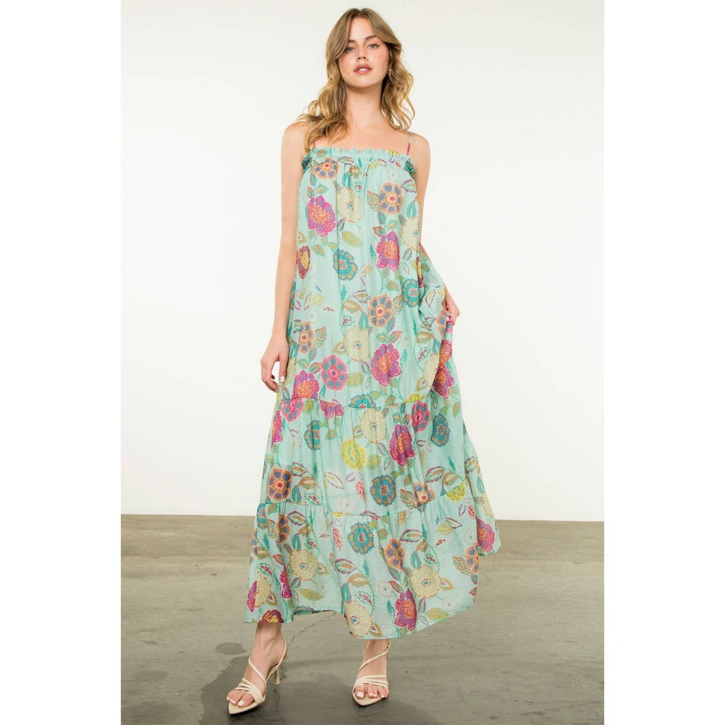 Ansley Strap Tie Floral Maxi Dress: MINT