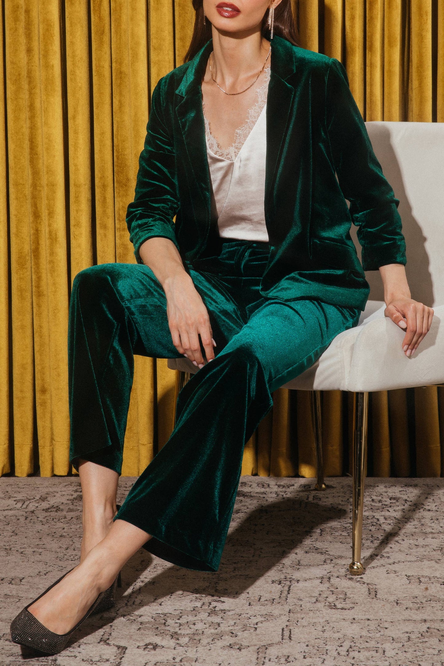 Velvet Blazer with Ruched Sleeves: Hunter Green / XS