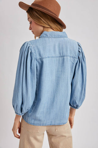 DENIM BUTTON DOWN PUFF SLEEVED SHIRT: LT.WASH / M