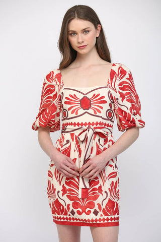 TROPICAL PRINT LINEN BLEND SASH TIE MINI DRESS FD30609: IVORY / RED / S