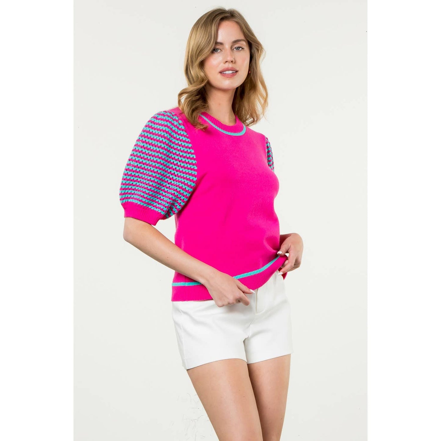 Knitted Puff Sleeve Top: MAGENTA