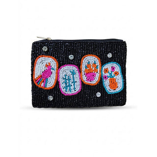 Folk Bird And Blooms Tile Beaded Coin Pouch: BLACK