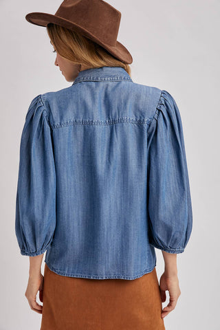 DENIM BUTTON DOWN PUFF SLEEVED SHIRT: LT.WASH / M