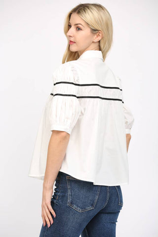 CONTRAST TAPE TRIMMED SHIRRED TOP FT25187: OFF WHITE / L
