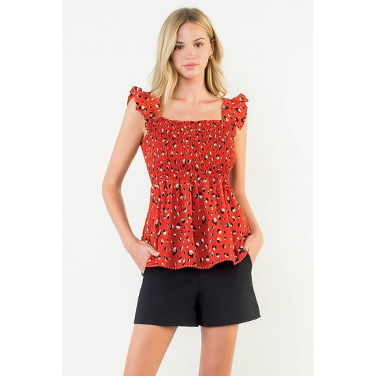Game Day Red Smocked Ruffle Sleeve Top: RED