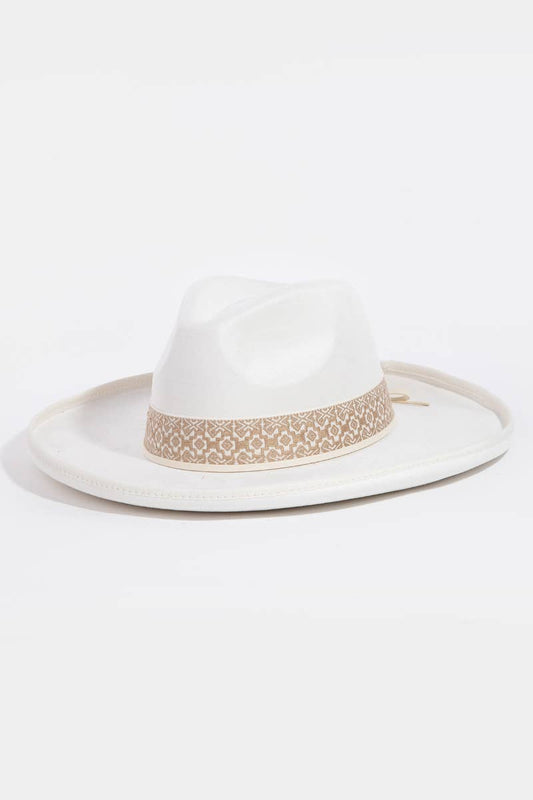 Boho Band Beveled Cowboy Fedora Hat: Ivory