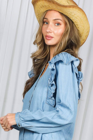 Romantic Ruffle Sleeve 100%Tencel Chambray Shirt VT83187: Light Denim / L