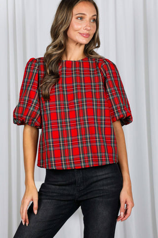 V-Back 2 Bow Accent Feminine Plaid Blouse Top VT82621A: Hunter Green / S