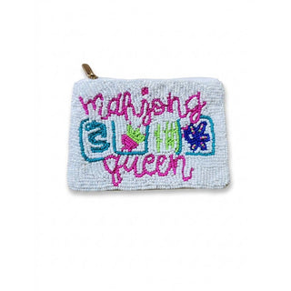 Mahjong Queen Script Beaded Coin Pouch: WHITE