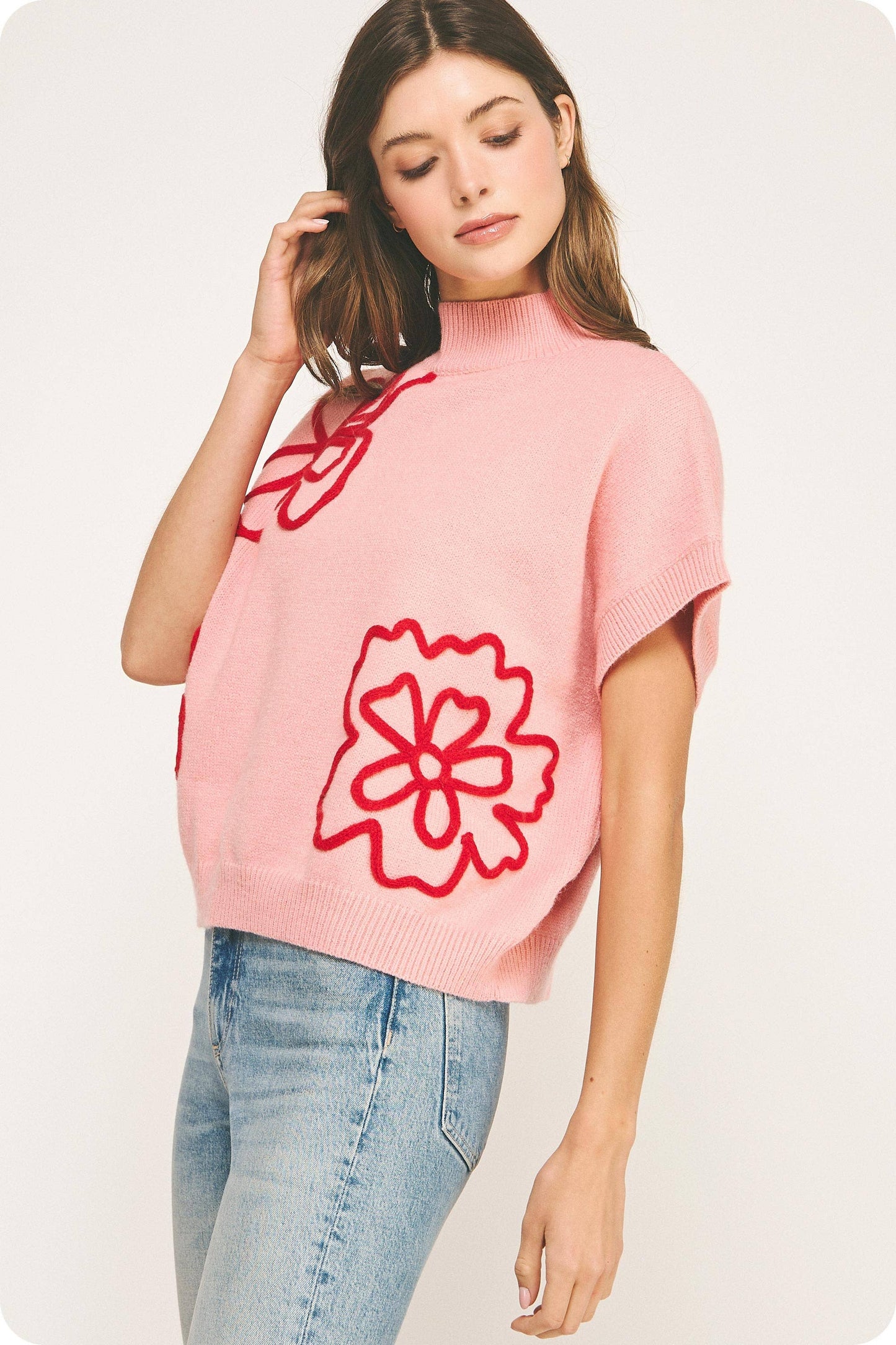 Claire Floral Embroidered Knit Top: Pink