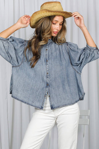 Ruffle Neck 100% Tencel Chambray Washed Denim Shirt VT83327: Washed Denim / L