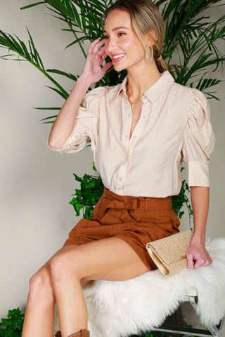 Collared Neckline Puff Short-Sleeve Blouse Top VT81707C: Taupe / M