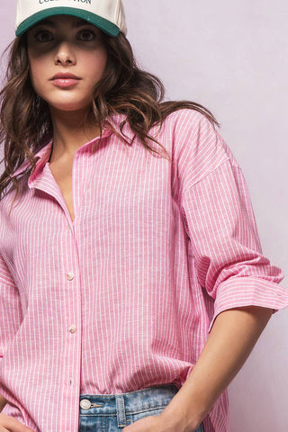 Timeless Pinstripe Button Up Shirt: PINK