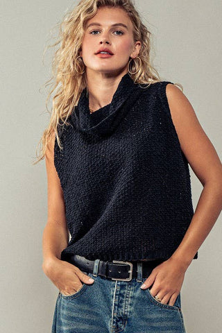 Taylor Sleeveless Cowl Neck Crochet Top: CREAM