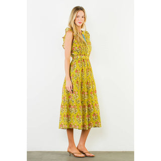 Floral Tiered Long Dress: GREEN / XS-S-M-L(1-2-2-1)