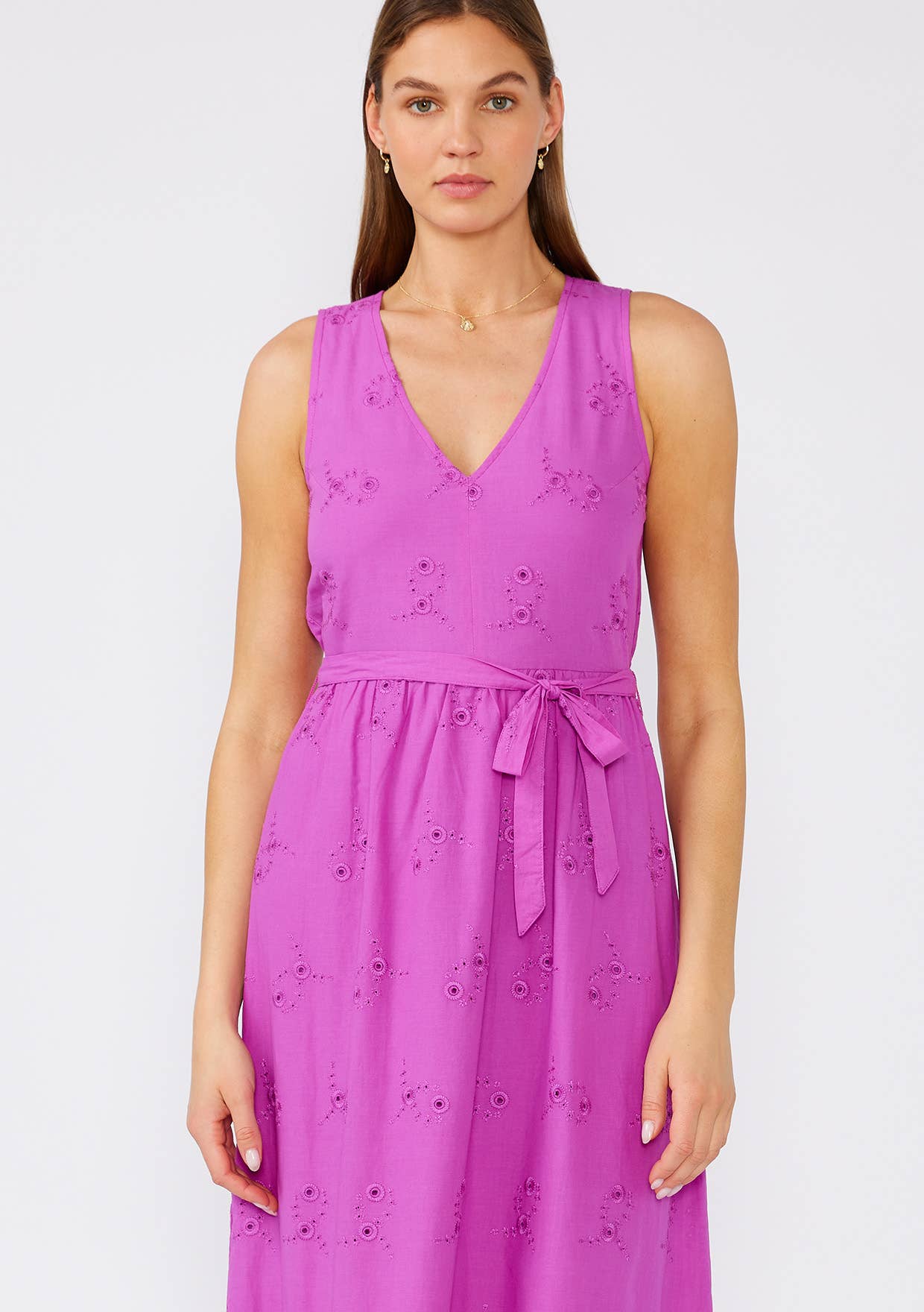 Cotton Embroidered Eyelet V Neck Belted Midi Dress: Orchid