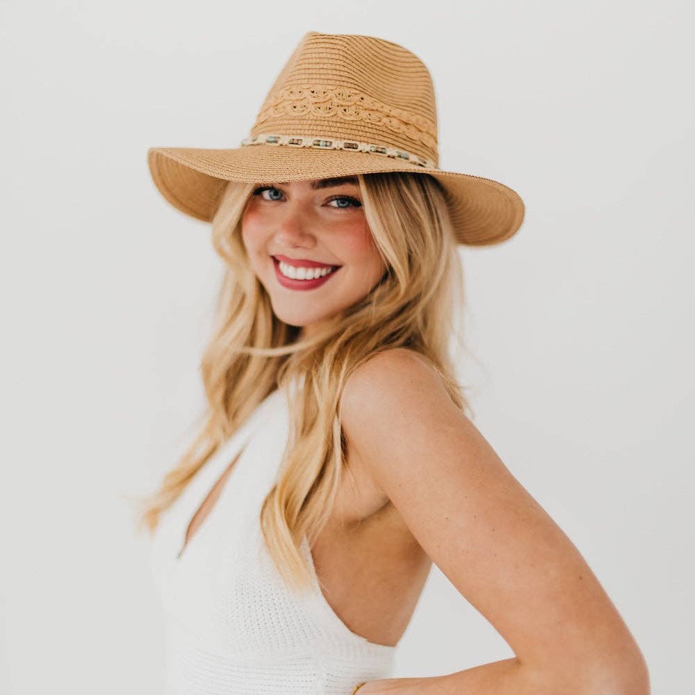 Isabella Woven Beaded Band Straw Sun Hat: Beige