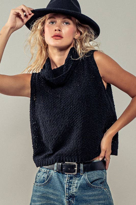 Taylor Sleeveless Cowl Neck Crochet Top: BLACK