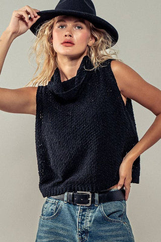 Taylor Sleeveless Cowl Neck Crochet Top: BLACK
