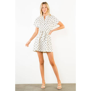 Short Sleeve Polka Dot Dress: BEIGE / XS-S-M-L(1-2-2-1)