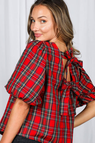 V-Back 2 Bow Accent Feminine Plaid Blouse Top VT82621A: Hunter Green / L
