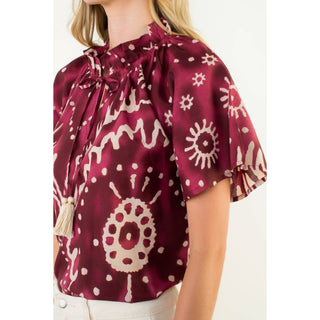 Short Sleeve Print Tie Tassel Top: PURPLE / XS-S-M-L(1-2-2-1)