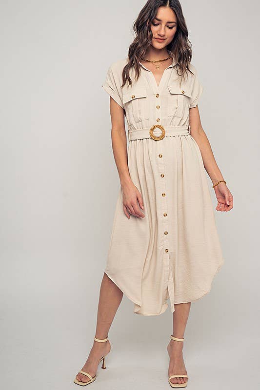 Stationary Icon Midi Shirt Dress: LT KHAKI / S-2/M-2/L-2