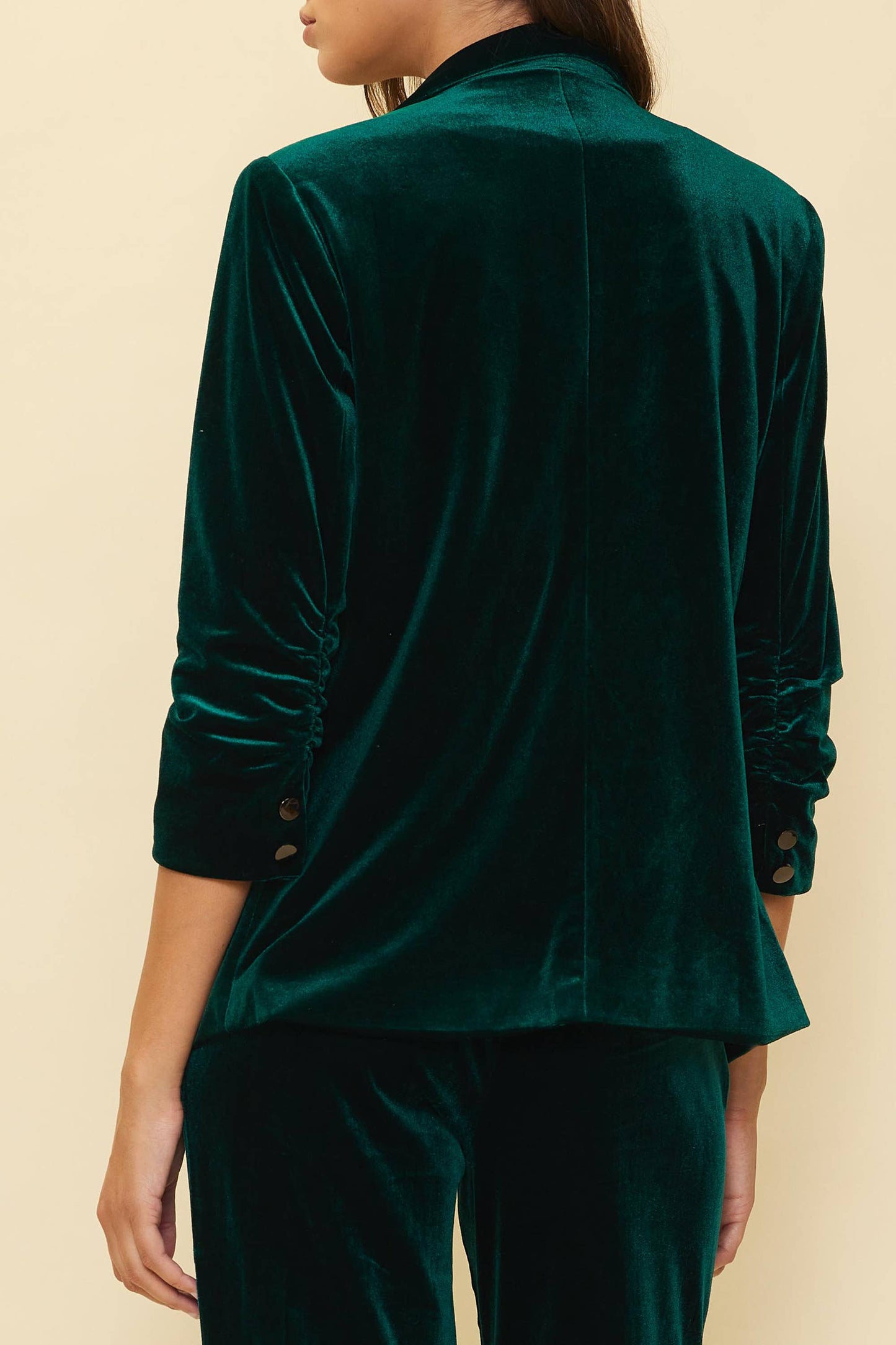 Velvet Blazer with Ruched Sleeves: Red / L