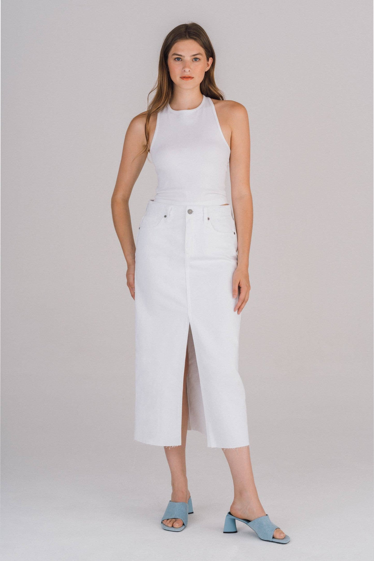 White Front Slit Midi Skirt: S