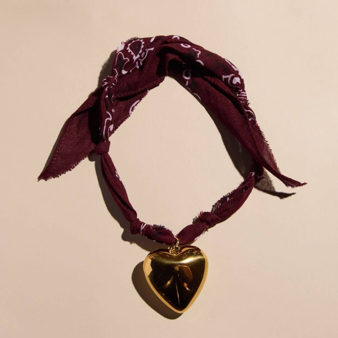 Burgundy Bandana Necklace: Clear Acrylic Heart Charm - Gold / Burgundy