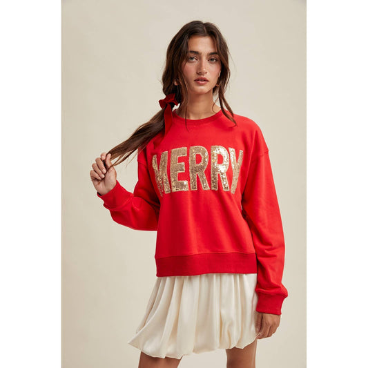 'MERRY' SEQUIN SWEATSHIRT / WL25-11086: RED/GOLD / M