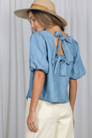 Back Bow Accent Feminine100%Tencel Chambray Top VT82621B: Light Denim / L