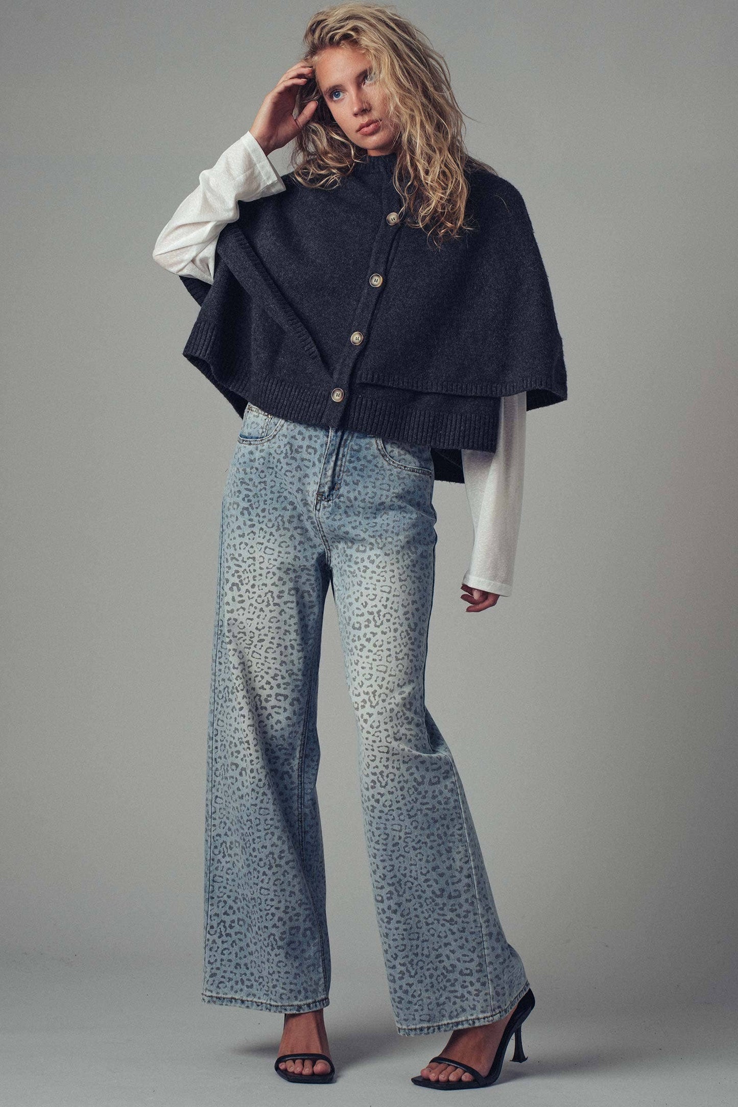 Chloe Button-Front Sweater Cape: CHARCOAL