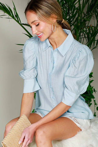 Collared Neckline Puff Short-Sleeve Blouse Top VT81707C: Taupe / S