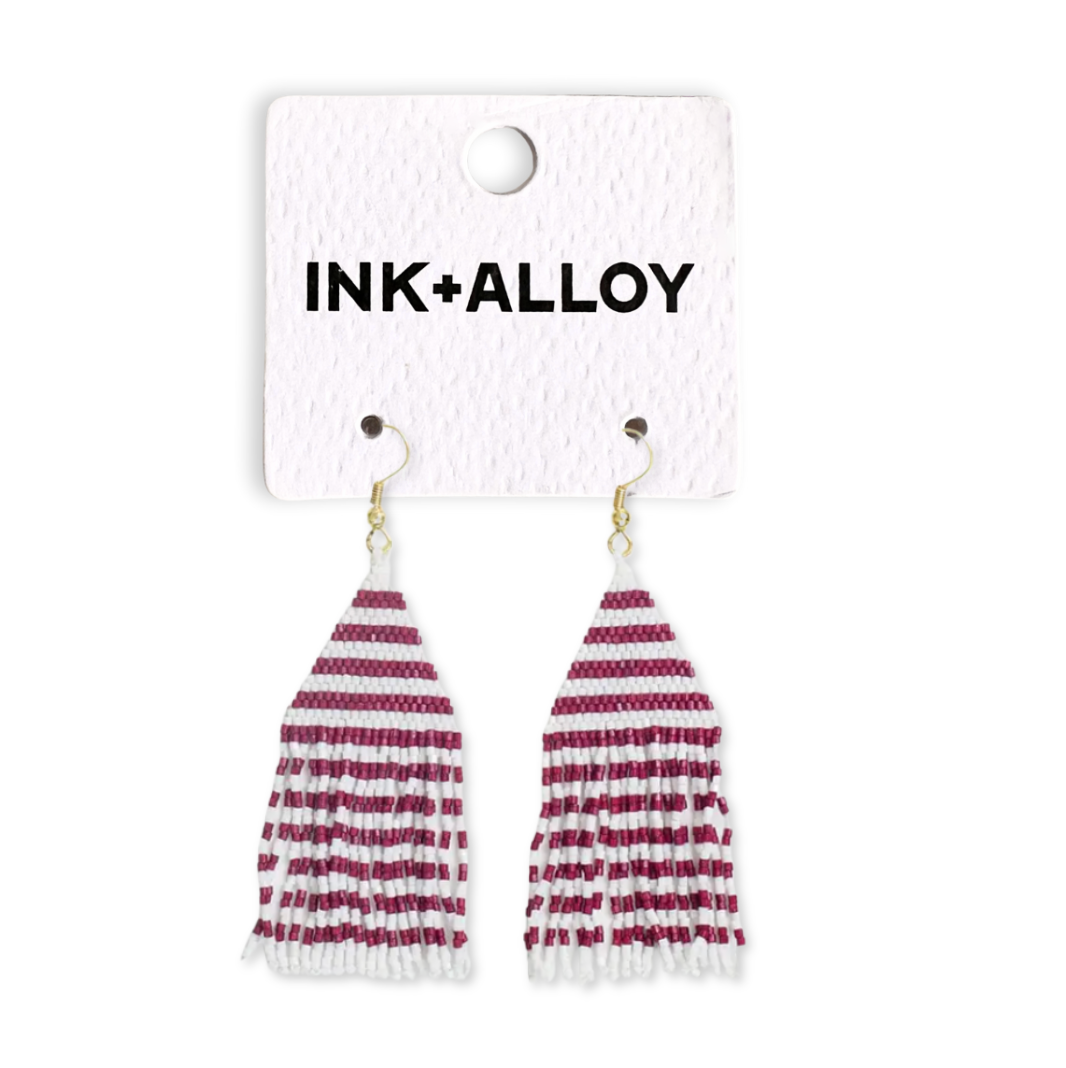 Lexie Game Day Horizontal Stripes Beaded Fringe Earrings Dark Red and White Wholesale
