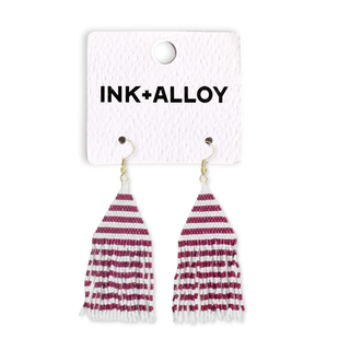 Lexie Game Day Horizontal Stripes Beaded Fringe Earrings Dark Red and White Wholesale