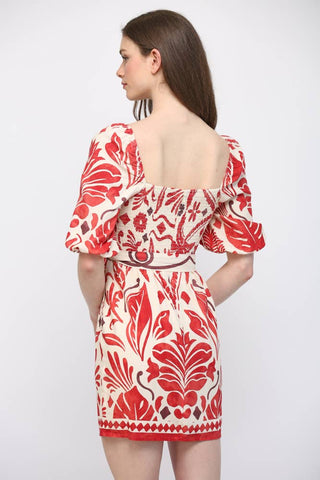 TROPICAL PRINT LINEN BLEND SASH TIE MINI DRESS FD30609: IVORY / RED / S