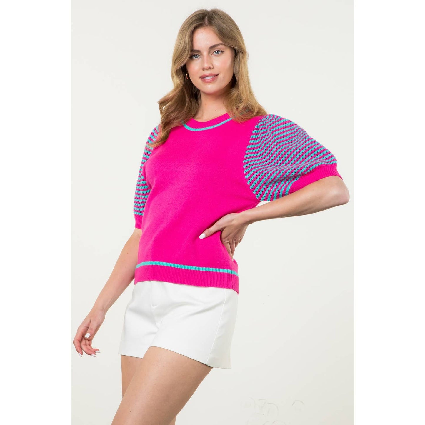 Knitted Puff Sleeve Top: MAGENTA