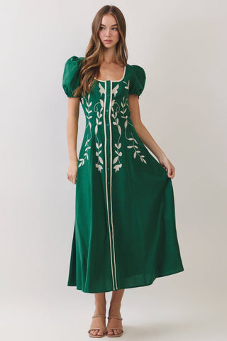 CD07454-Embroidered Puff Sleeve Midi Dress: Green / L